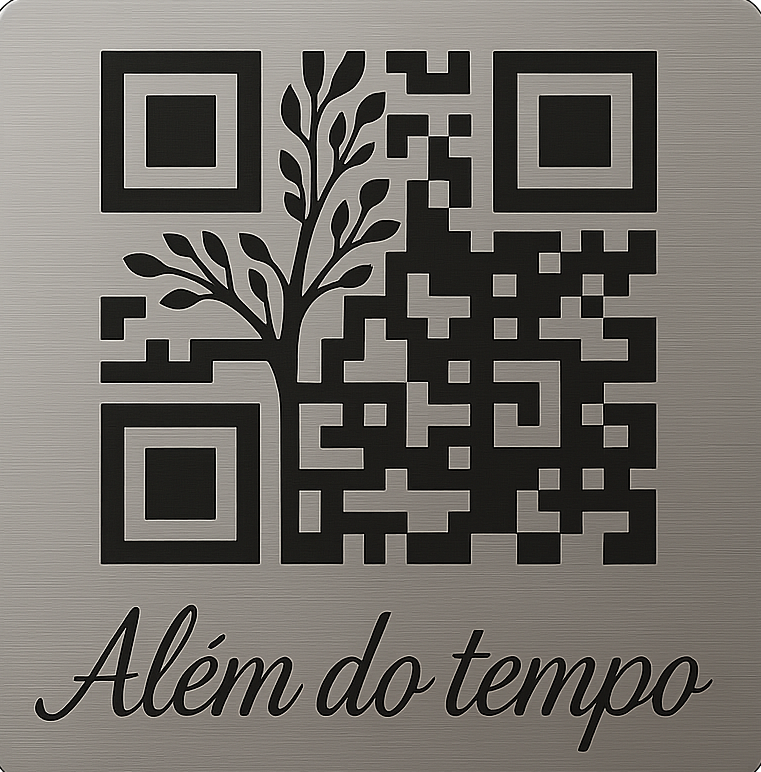 Plaquinha de alumínio com QR — Além do Tempo